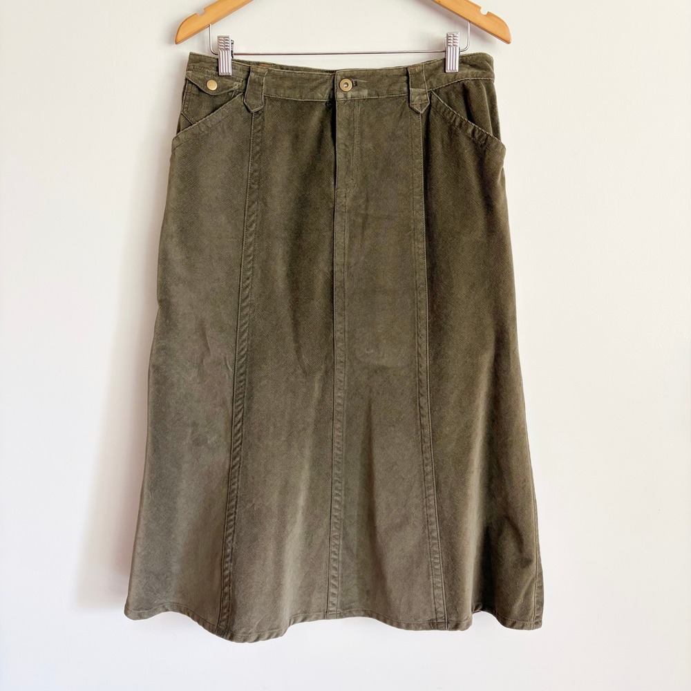 Eddie Bauer Womens Corduroy Midi Skirt Petite 10 Olive Green A-Line Cotton Blend